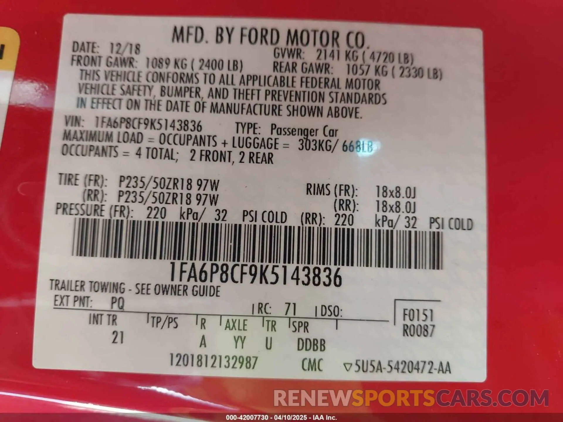 9 Photograph of a damaged car 1FA6P8CF9K5143836 FORD MUSTANG 2019