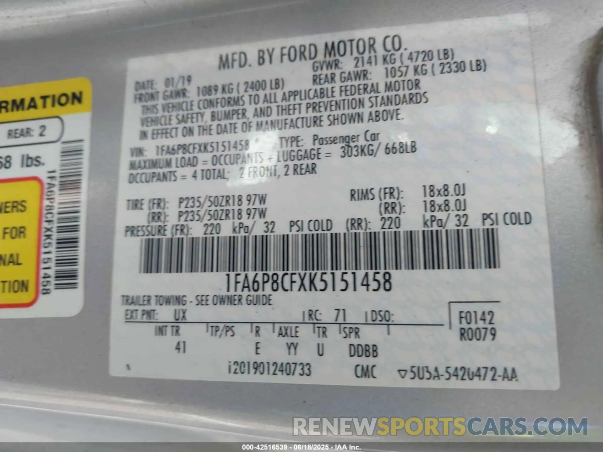 9 Photograph of a damaged car 1FA6P8CFXK5151458 FORD MUSTANG 2019