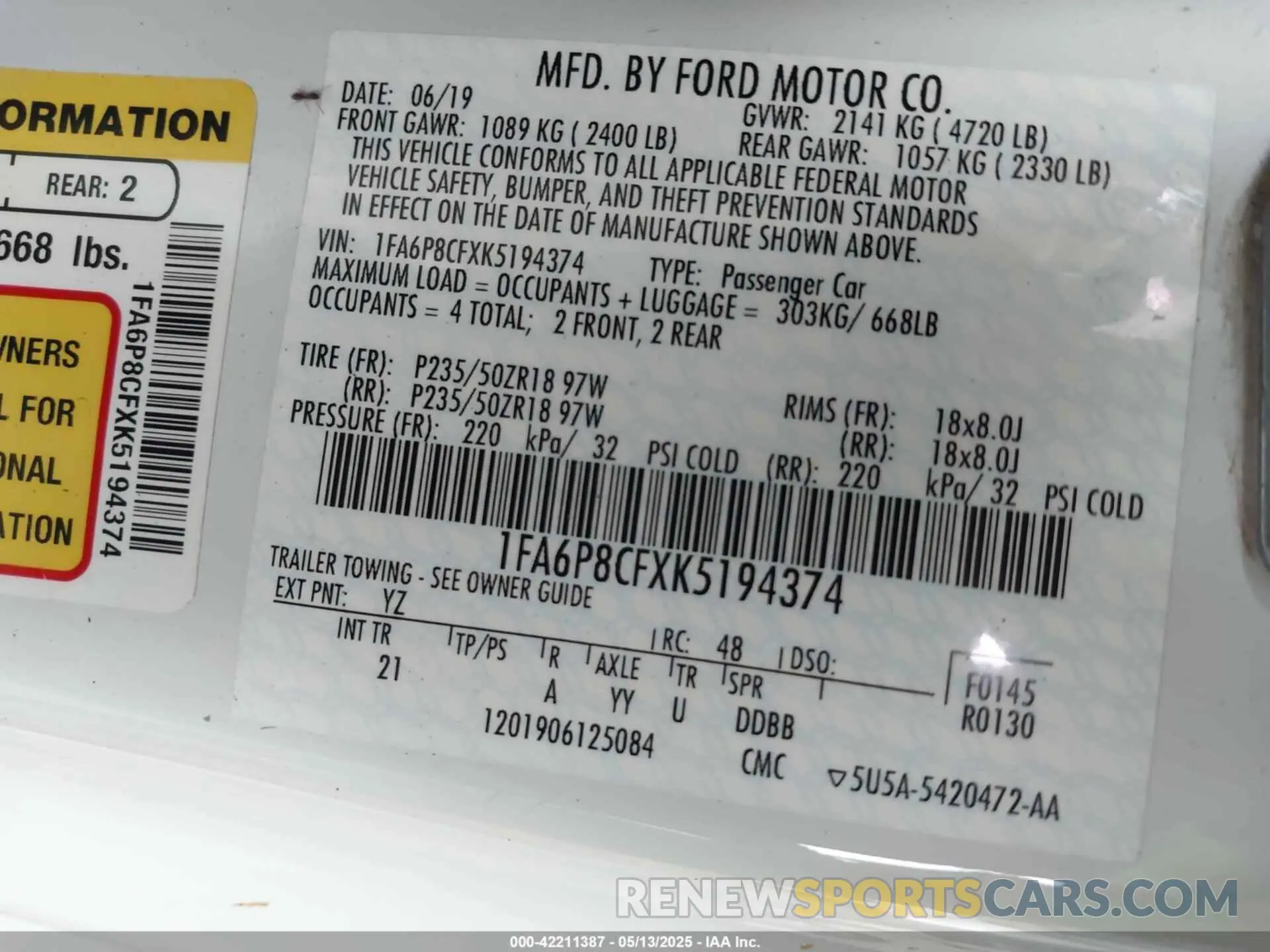 9 Photograph of a damaged car 1FA6P8CFXK5194374 FORD MUSTANG 2019