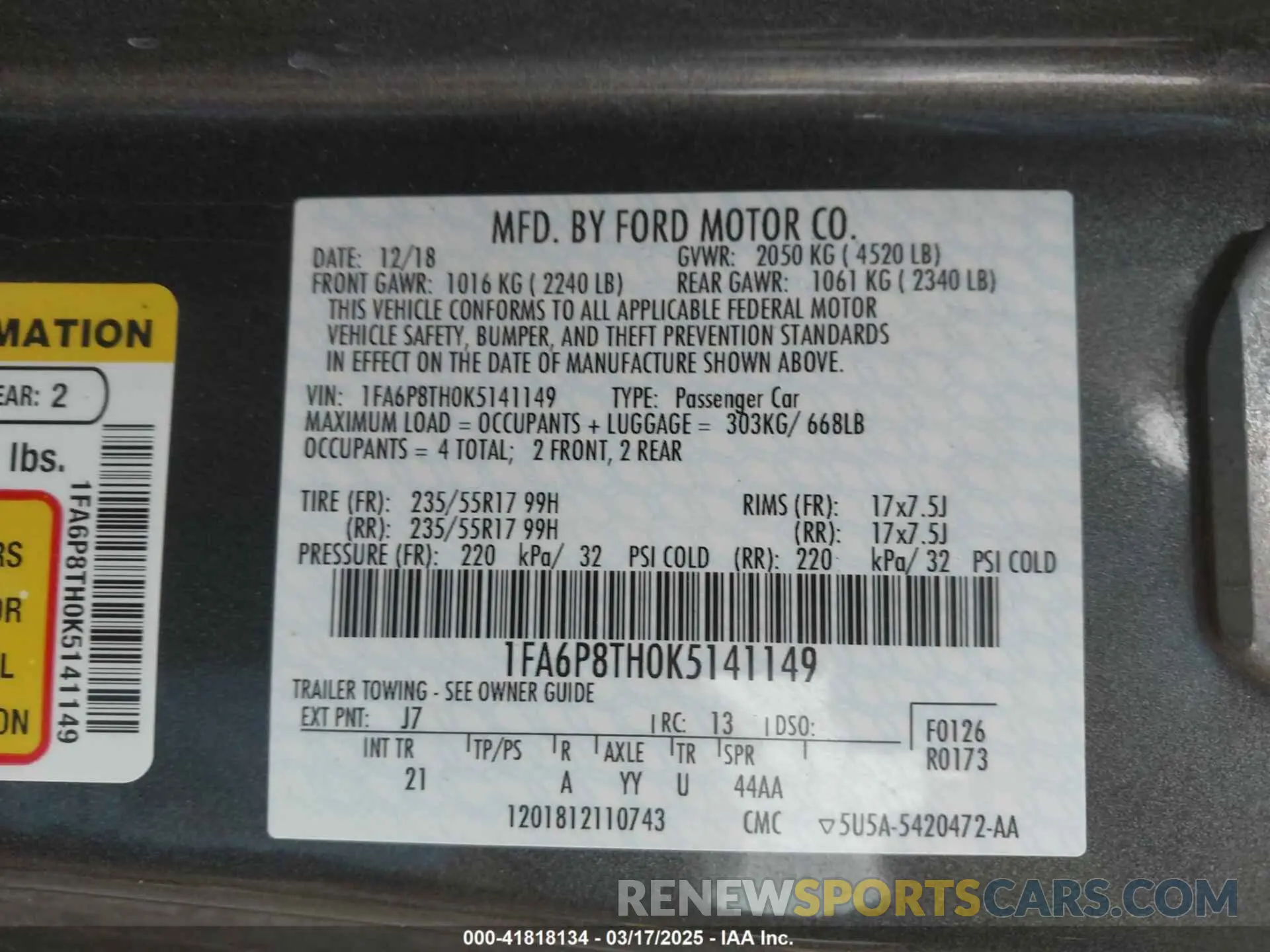 9 Photograph of a damaged car 1FA6P8TH0K5141149 FORD MUSTANG 2019