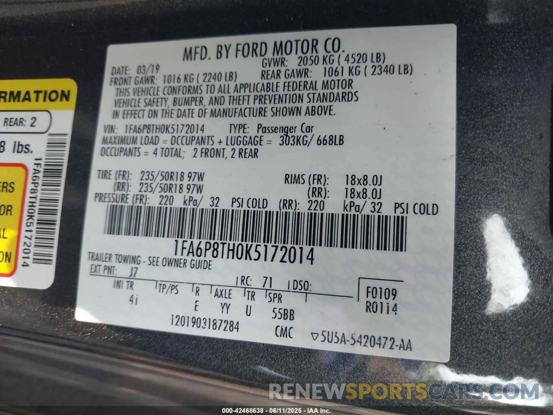9 Photograph of a damaged car 1FA6P8TH0K5172014 FORD MUSTANG 2019