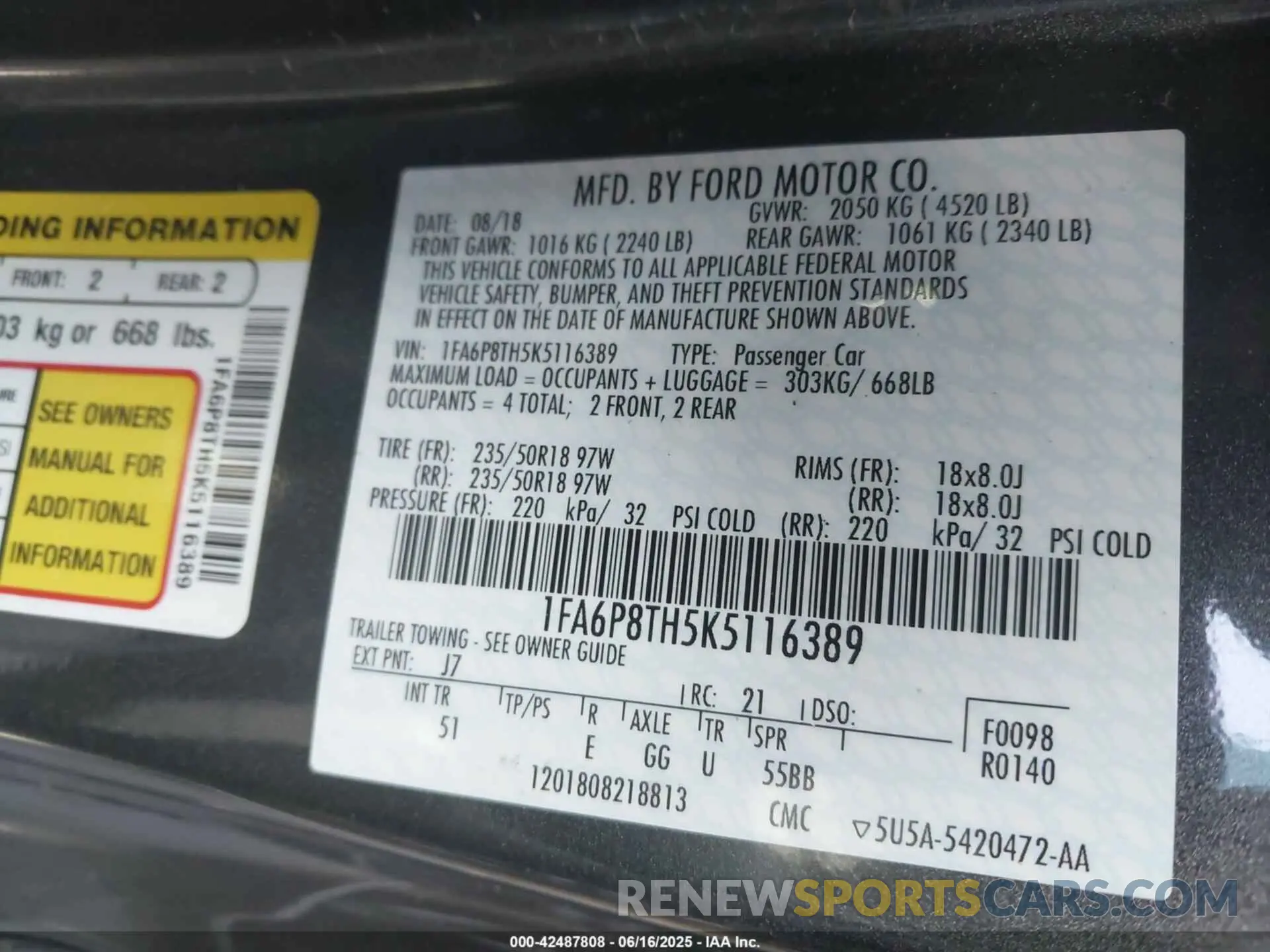 9 Photograph of a damaged car 1FA6P8TH5K5116389 FORD MUSTANG 2019