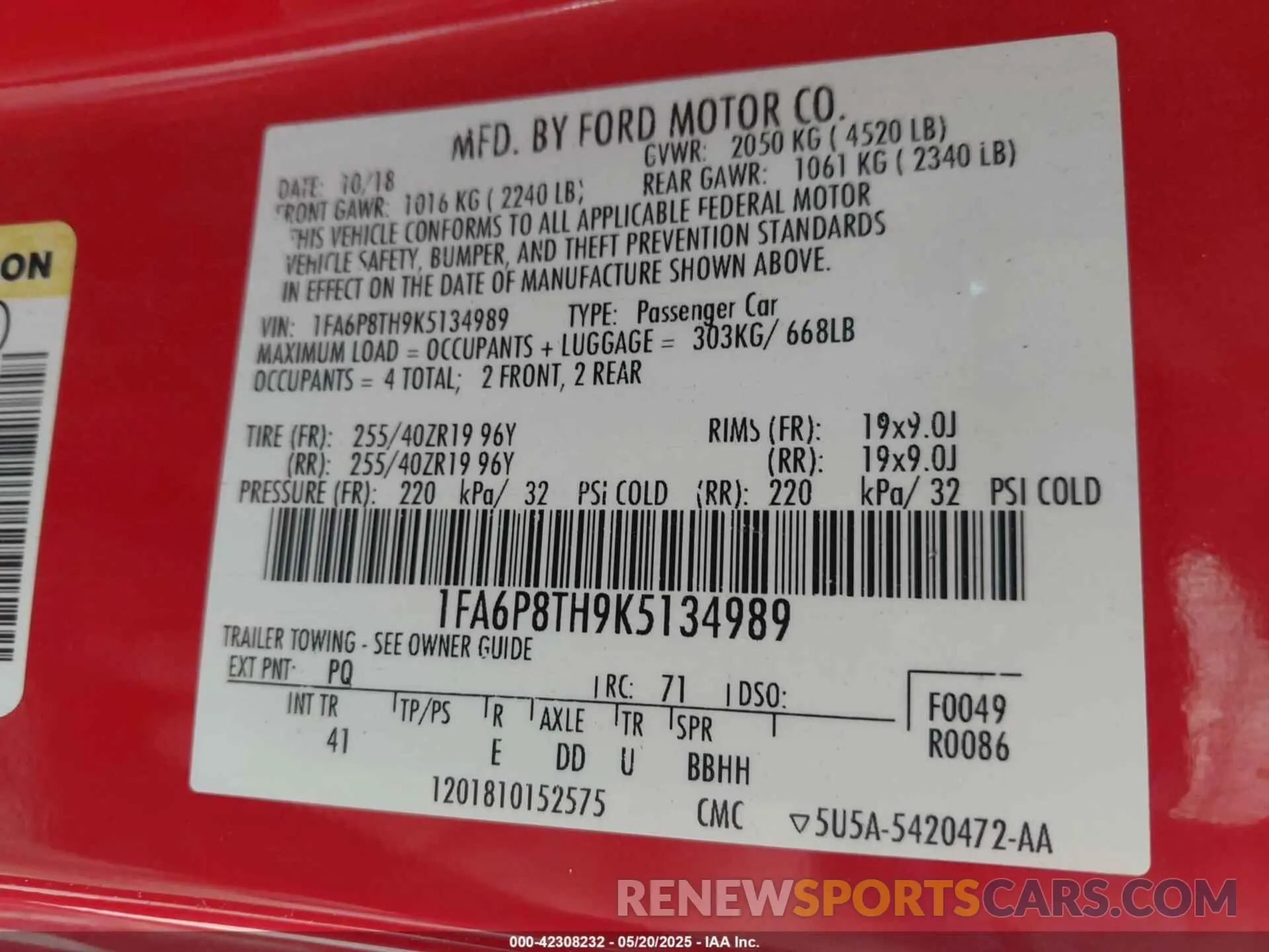 9 Photograph of a damaged car 1FA6P8TH9K5134989 FORD MUSTANG 2019