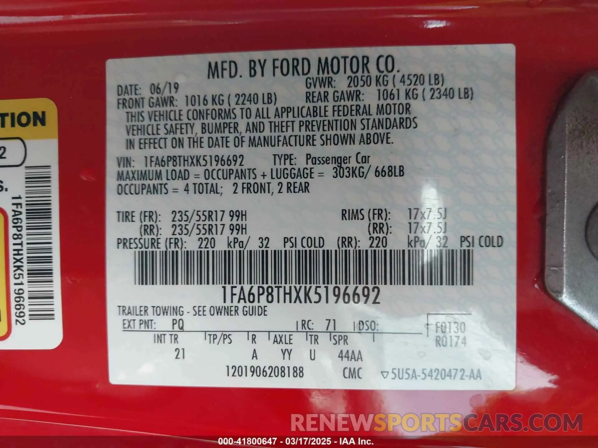 9 Photograph of a damaged car 1FA6P8THXK5196692 FORD MUSTANG 2019
