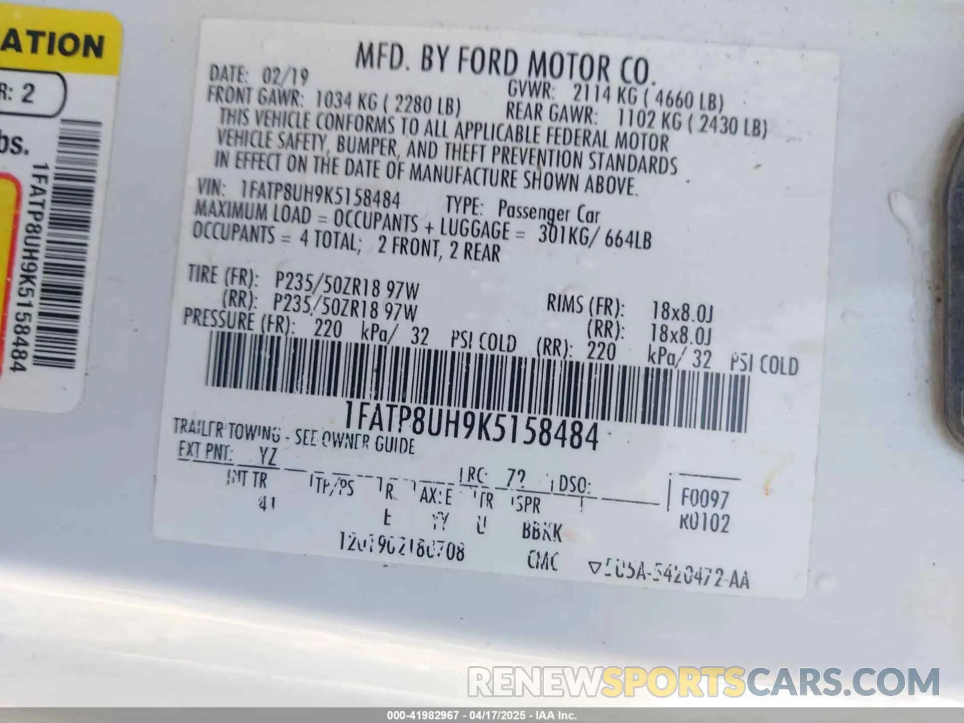 9 Photograph of a damaged car 1FATP8UH9K5158484 FORD MUSTANG 2019