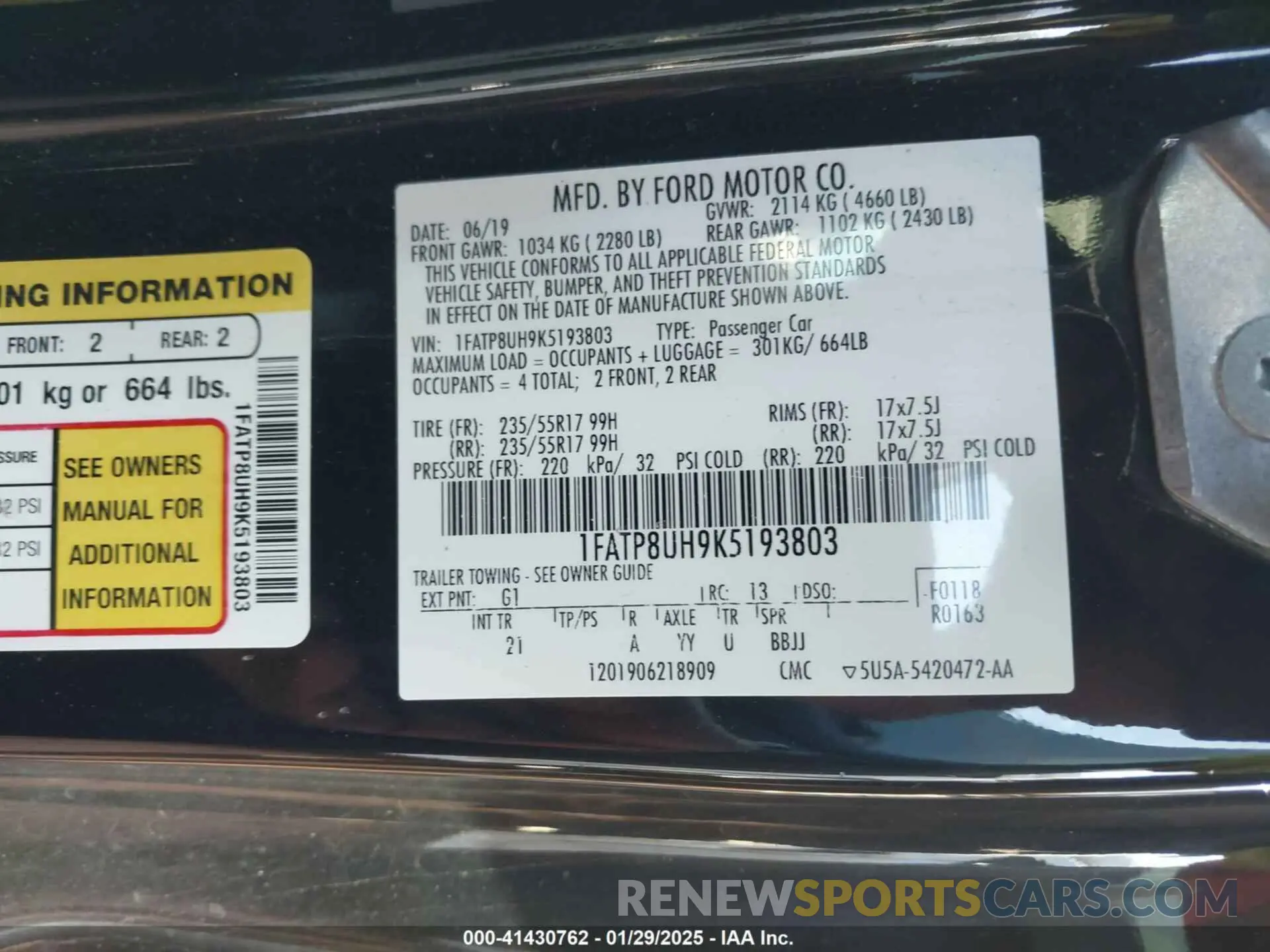 9 Photograph of a damaged car 1FATP8UH9K5193803 FORD MUSTANG 2019