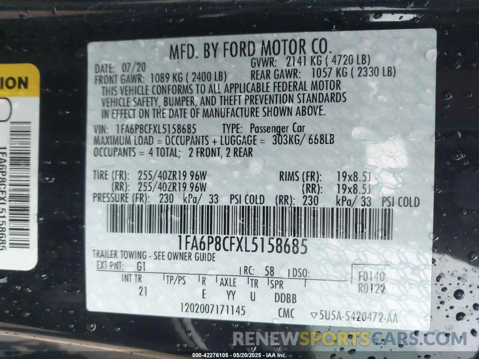 9 Photograph of a damaged car 1FA6P8CFXL5158685 FORD MUSTANG 2020