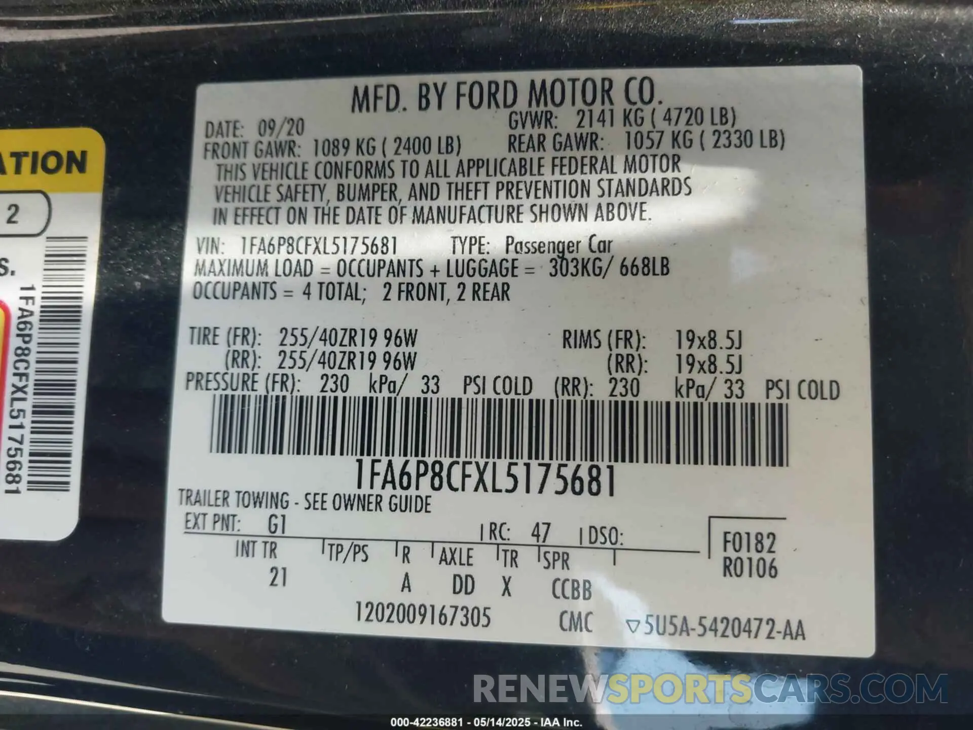 9 Photograph of a damaged car 1FA6P8CFXL5175681 FORD MUSTANG 2020