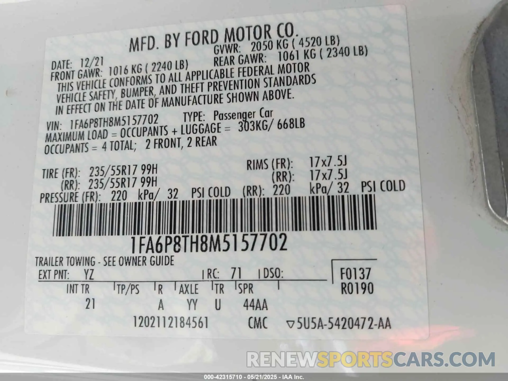 9 Photograph of a damaged car 1FA6P8TH8M5157702 FORD MUSTANG 2021