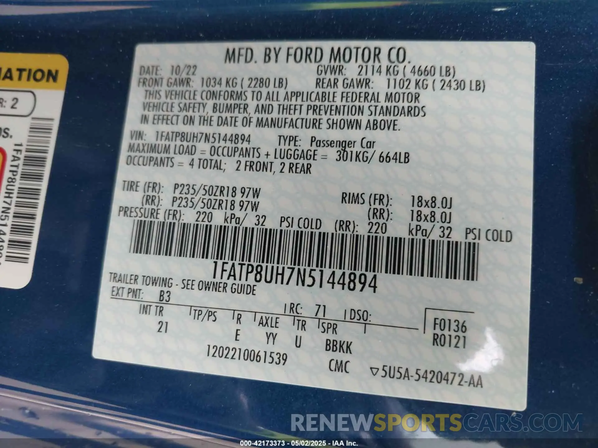 9 Photograph of a damaged car 1FATP8UH7N5144894 FORD MUSTANG 2022