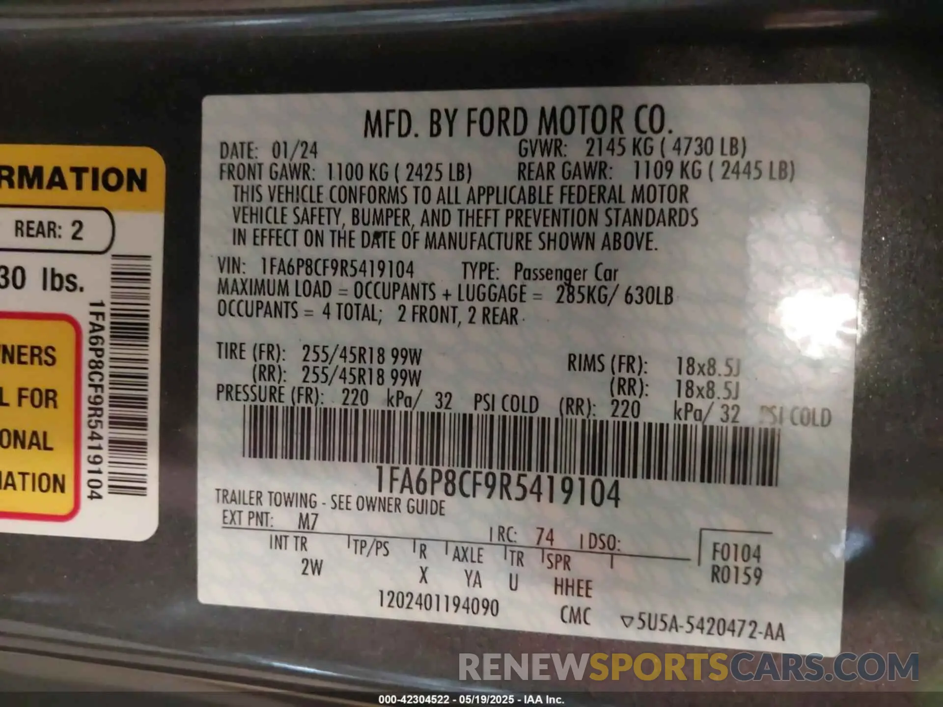 9 Photograph of a damaged car 1FA6P8CF9R5419104 FORD MUSTANG 2024