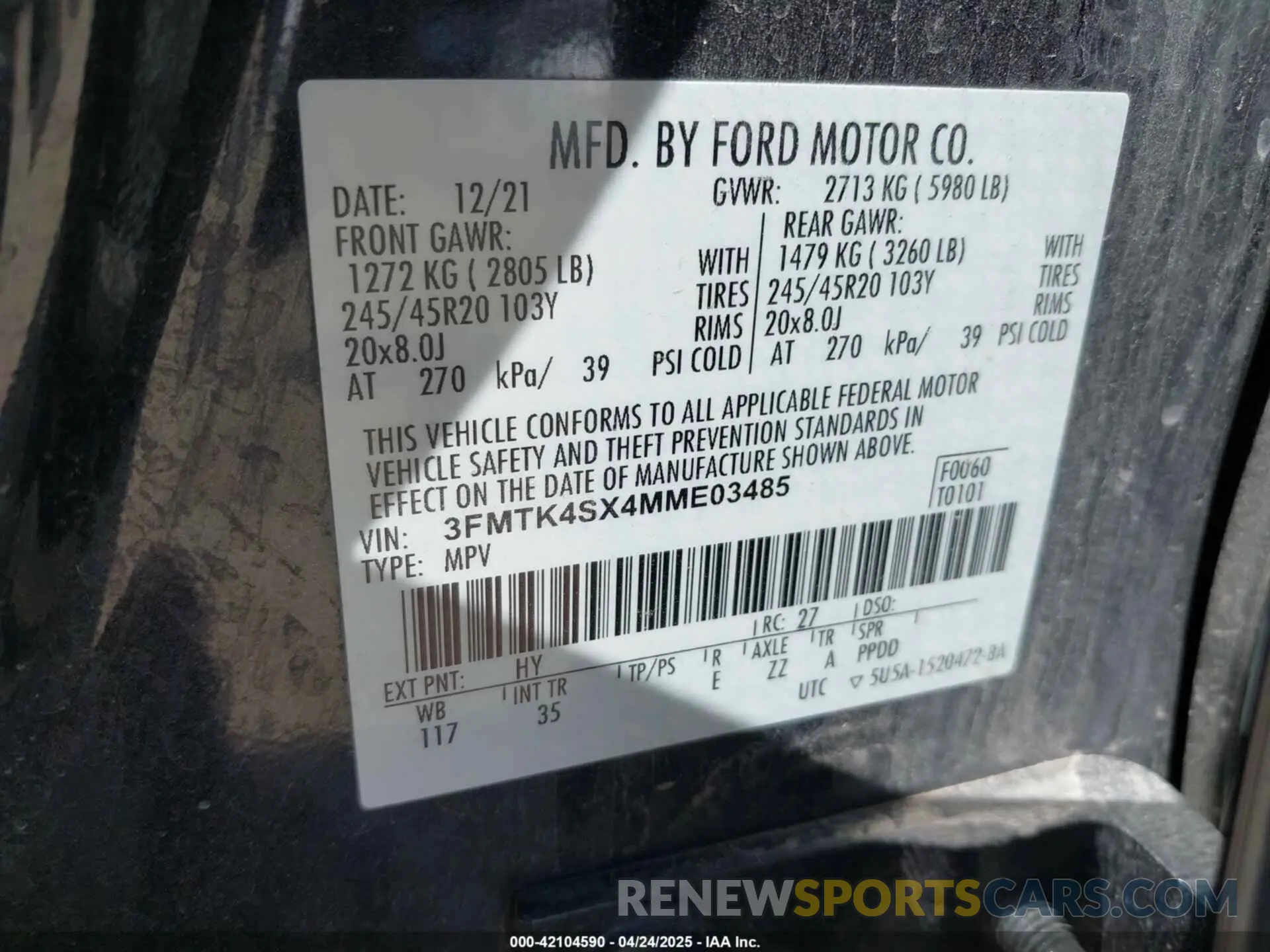 9 Photograph of a damaged car 3FMTK4SX4MME03485 FORD MUSTANG MACH-E 2021