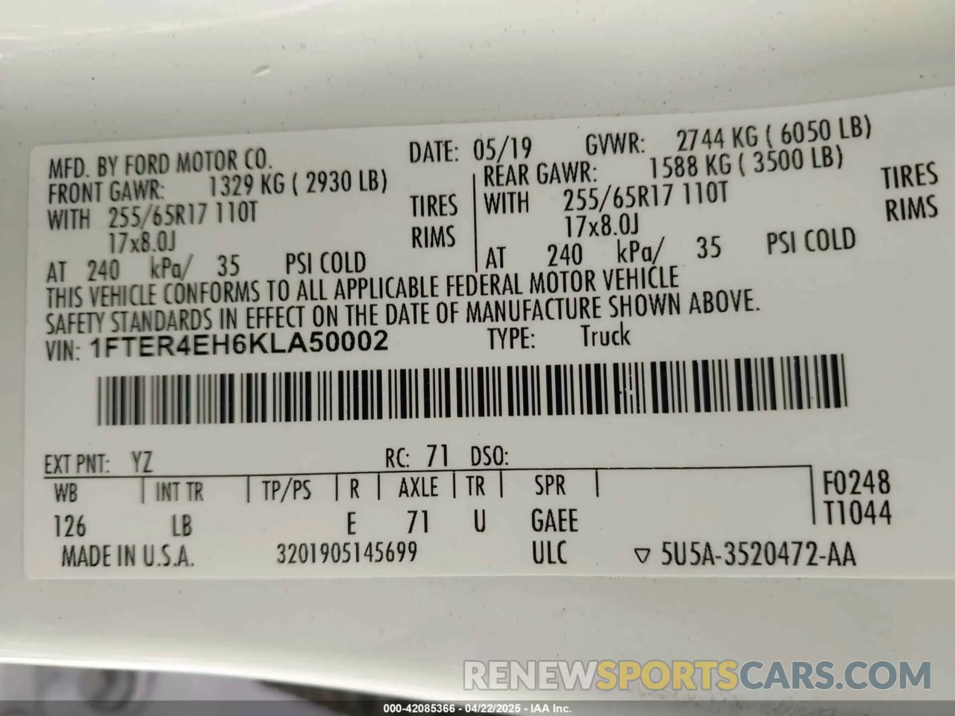 9 Photograph of a damaged car 1FTER4EH6KLA50002 FORD RANGER 2019