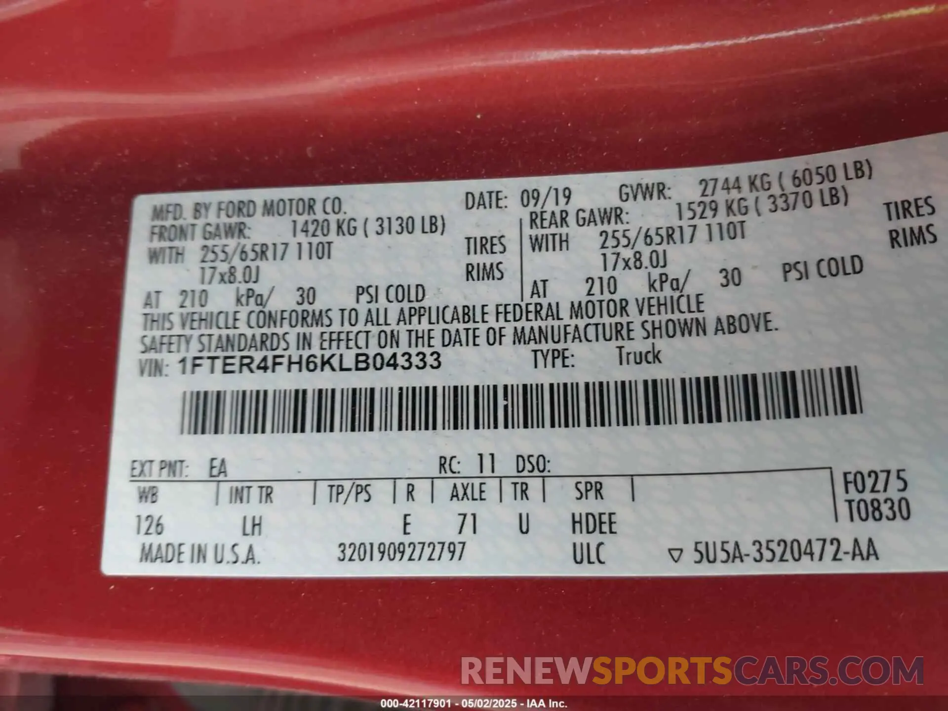 9 Photograph of a damaged car 1FTER4FH6KLB04333 FORD RANGER 2019