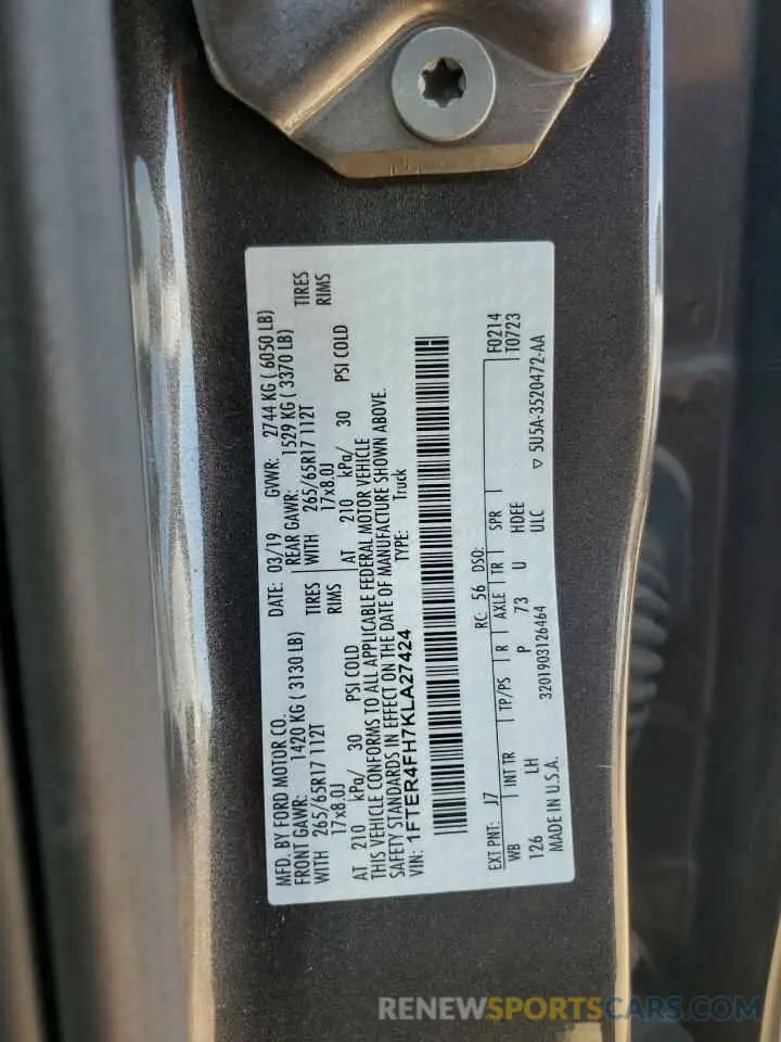 12 Photograph of a damaged car 1FTER4FH7KLA27424 FORD RANGER 2019
