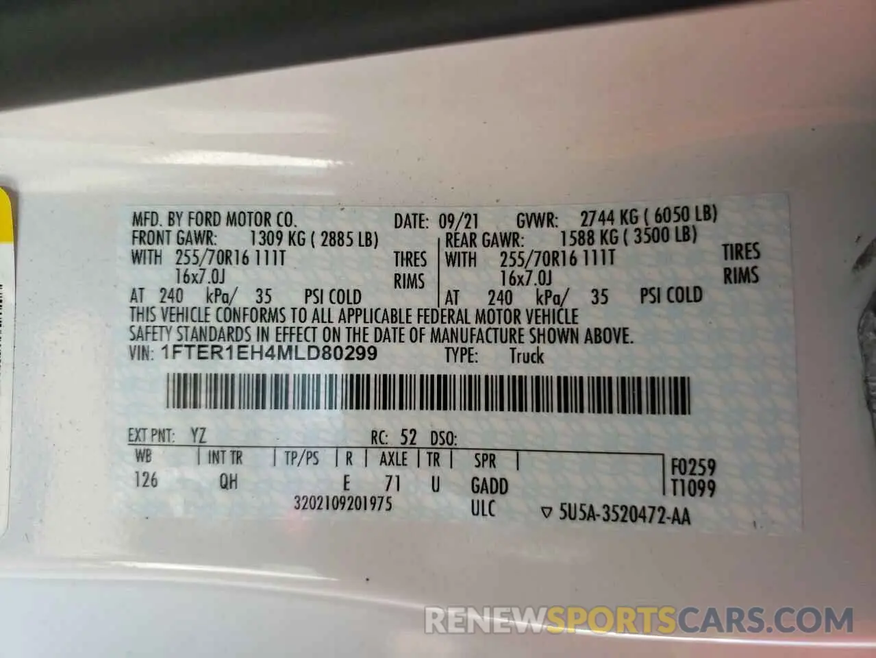 10 Photograph of a damaged car 1FTER1EH4MLD80299 FORD RANGER 2021
