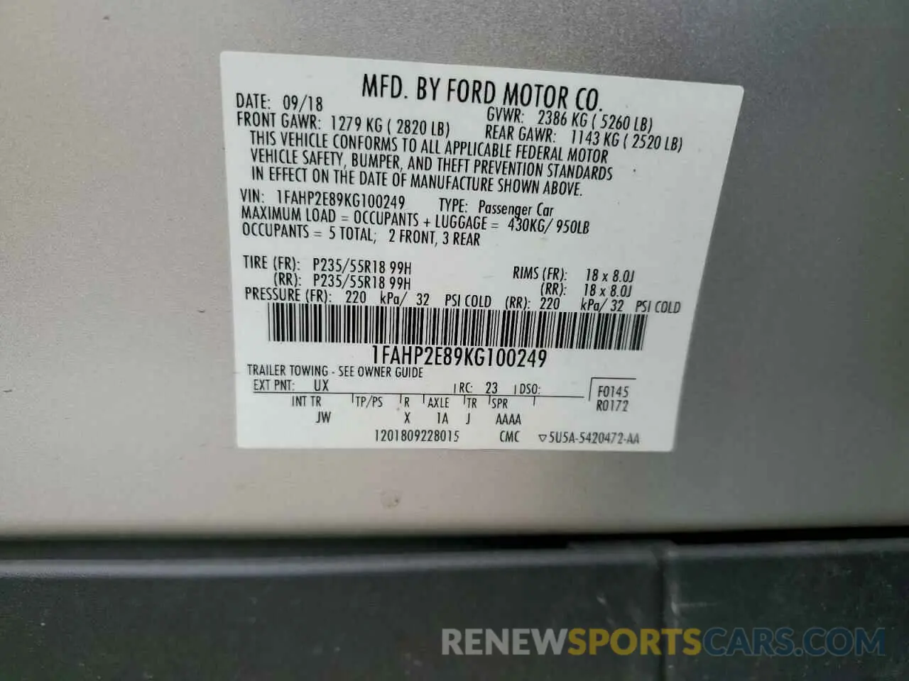 12 Photograph of a damaged car 1FAHP2E89KG100249 FORD TAURUS 2019