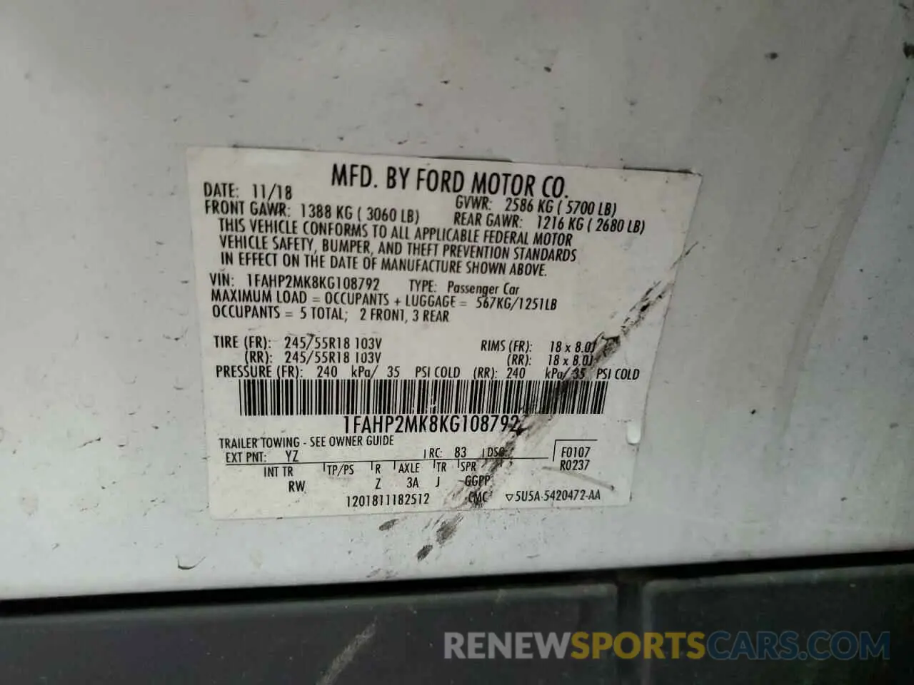14 Photograph of a damaged car 1FAHP2MK8KG108792 FORD TAURUS 2019