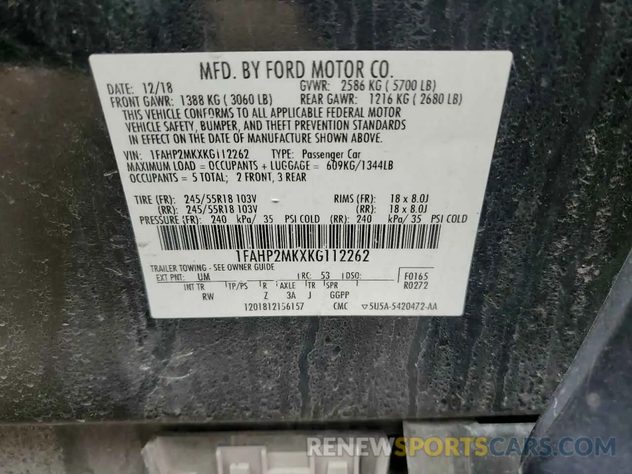 12 Photograph of a damaged car 1FAHP2MKXKG112262 FORD TAURUS 2019