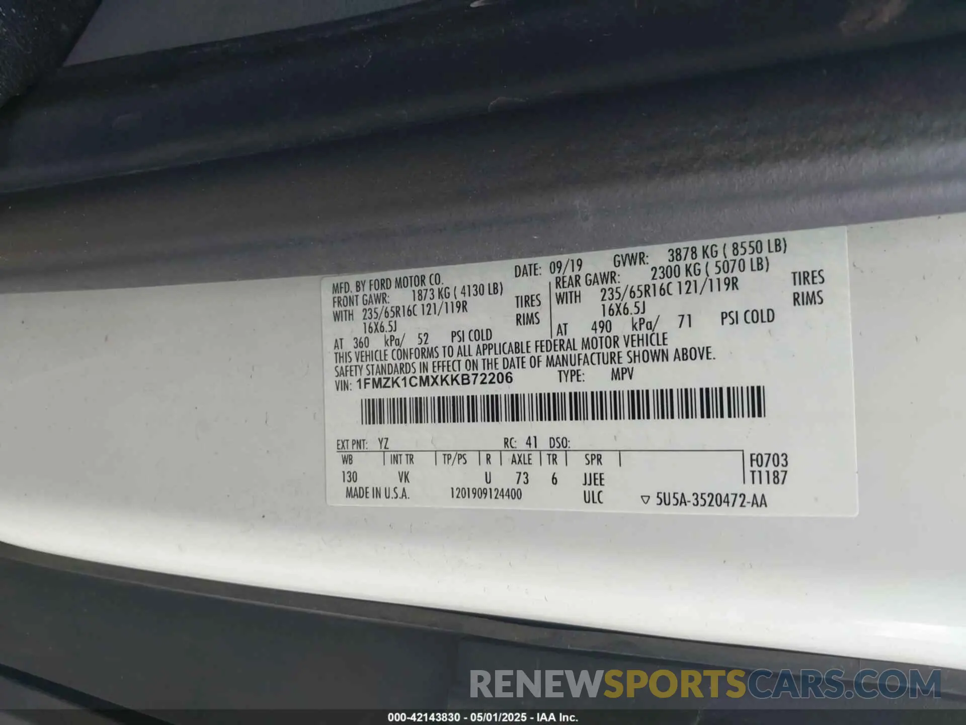 9 Photograph of a damaged car 1FMZK1CMXKKB72206 FORD TRANSIT-150 2019