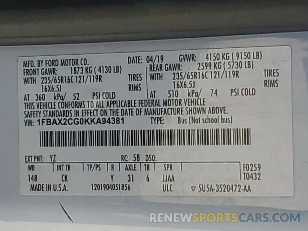 13 Photograph of a damaged car 1FBAX2CG0KKA94381 FORD TRANSIT 2019