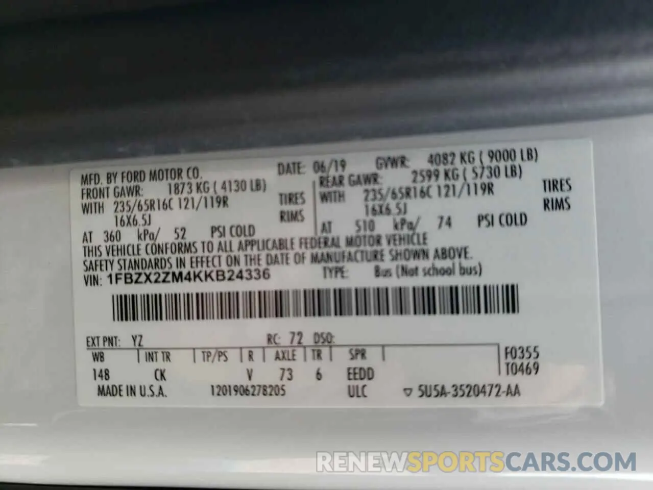13 Photograph of a damaged car 1FBZX2ZM4KKB24336 FORD TRANSIT 2019