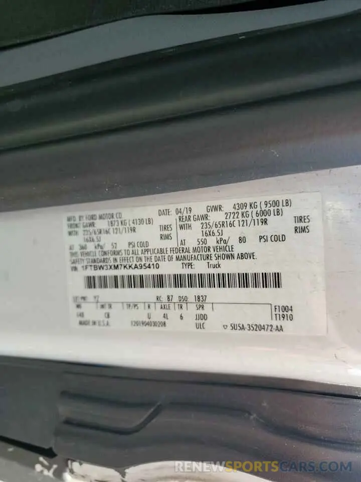 13 Photograph of a damaged car 1FTBW3XM7KKA95410 FORD TRANSIT 2019