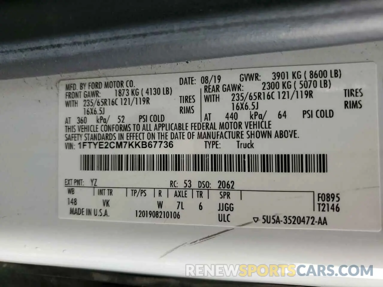 13 Photograph of a damaged car 1FTYE2CM7KKB67736 FORD TRANSIT 2019