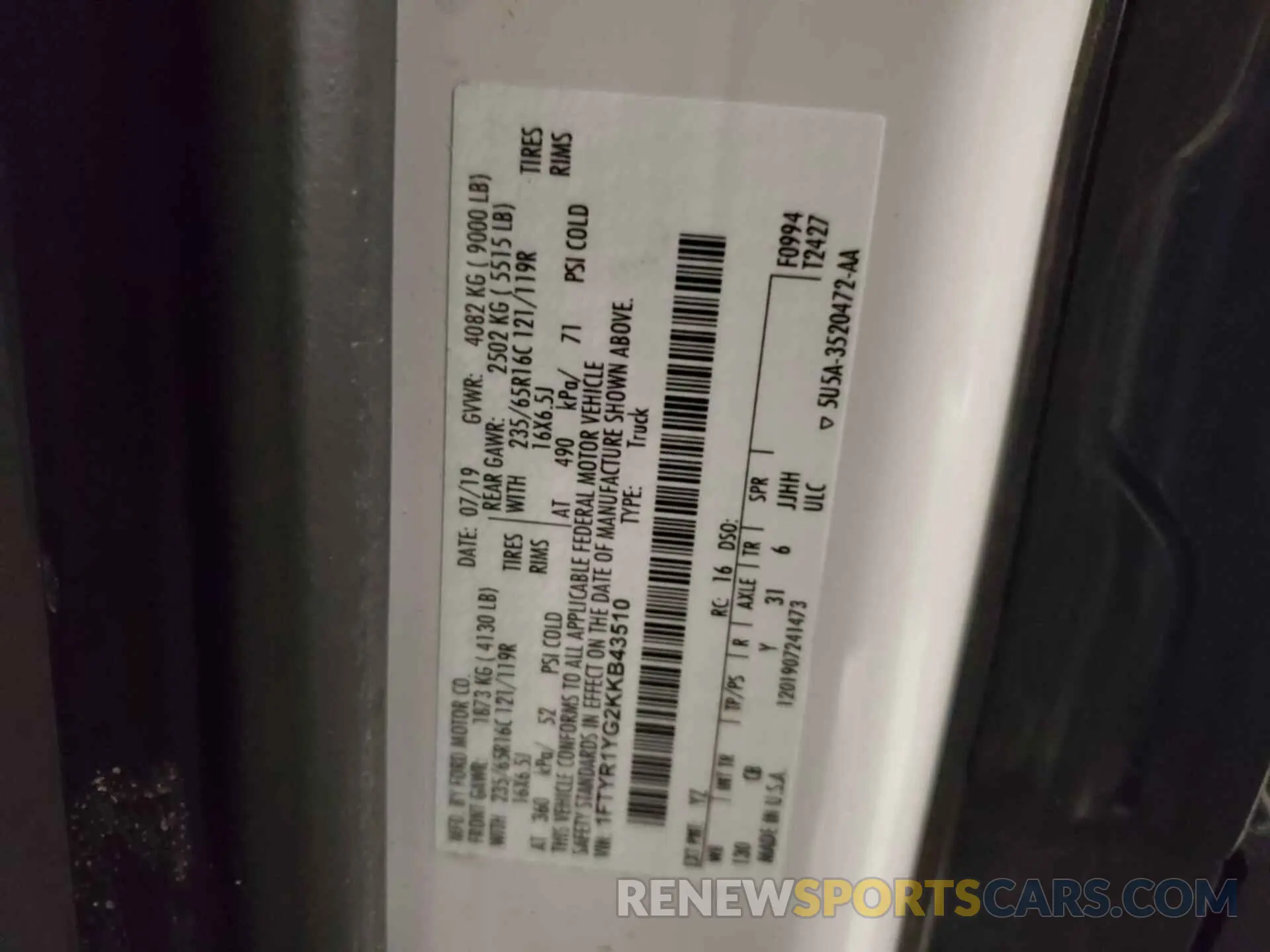 19 Photograph of a damaged car 1FTYR1YG2KKB43510 FORD TRANSIT 2019