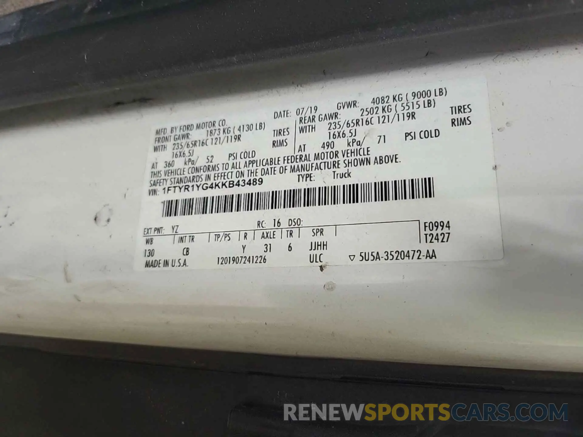 12 Photograph of a damaged car 1FTYR1YG4KKB43489 FORD TRANSIT 2019
