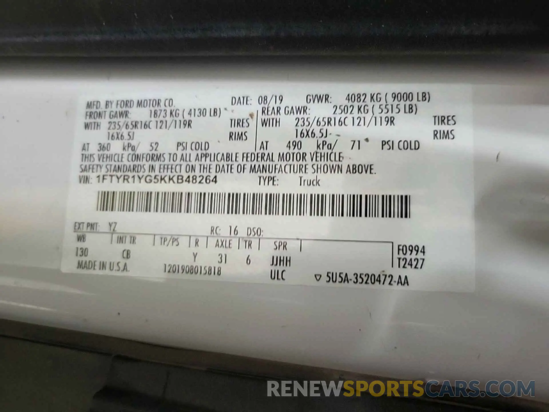 11 Photograph of a damaged car 1FTYR1YG5KKB48264 FORD TRANSIT 2019