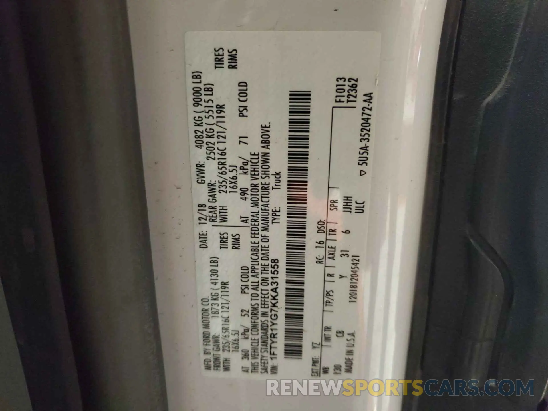 18 Photograph of a damaged car 1FTYR1YG7KKA31558 FORD TRANSIT 2019