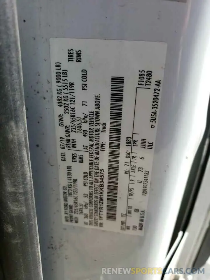 13 Photograph of a damaged car 1FTYR1ZM1KKB34575 FORD TRANSIT 2019