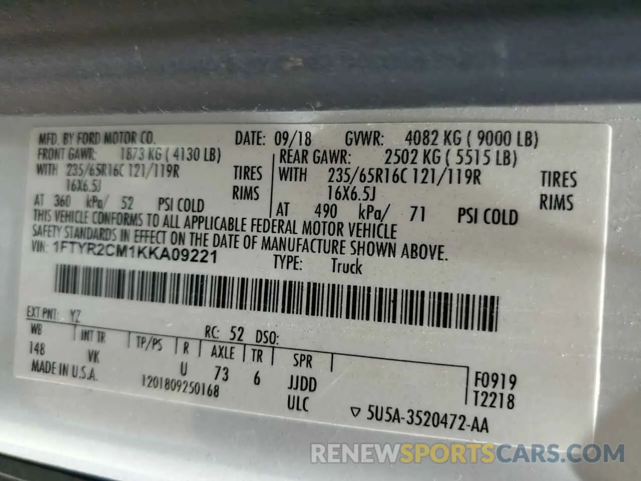 13 Photograph of a damaged car 1FTYR2CM1KKA09221 FORD TRANSIT 2019
