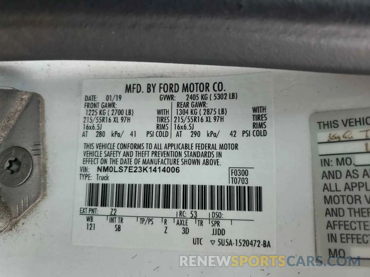 13 Photograph of a damaged car NM0LS7E23K1414006 FORD TRANSIT 2019