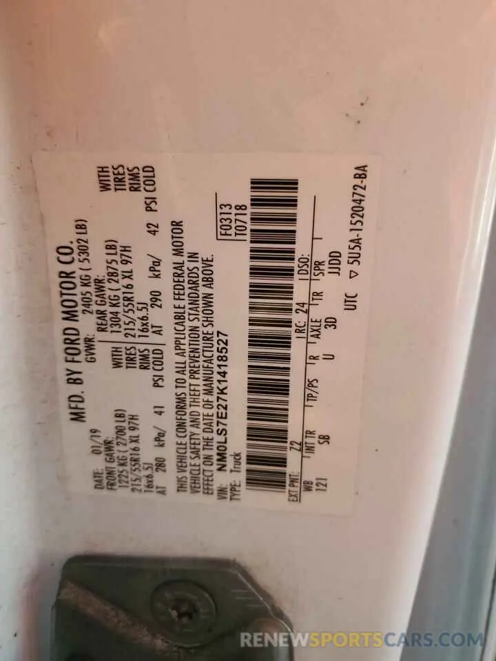 13 Photograph of a damaged car NM0LS7E27K1418527 FORD TRANSIT 2019