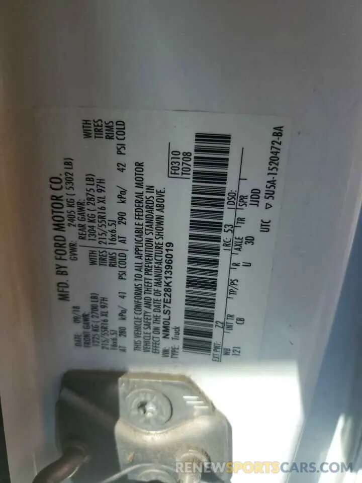 13 Photograph of a damaged car NM0LS7E28K1396019 FORD TRANSIT 2019