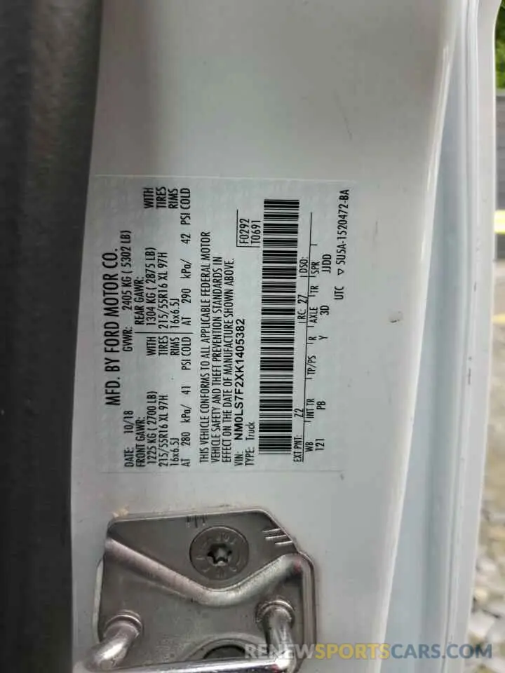 13 Photograph of a damaged car NM0LS7F2XK1405382 FORD TRANSIT 2019