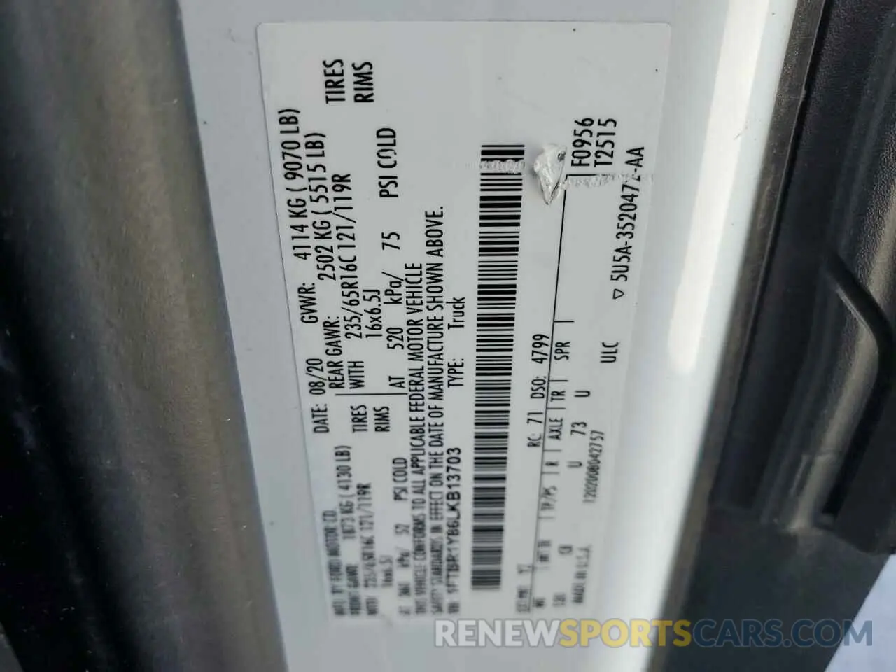 13 Photograph of a damaged car 1FTBR1Y86LKB13703 FORD TRANSIT 2020