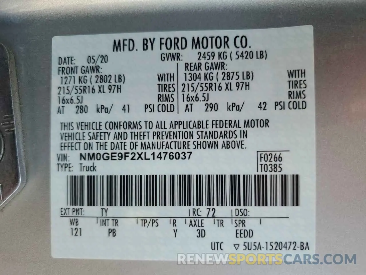 14 Photograph of a damaged car NM0GE9F2XL1476037 FORD TRANSIT 2020