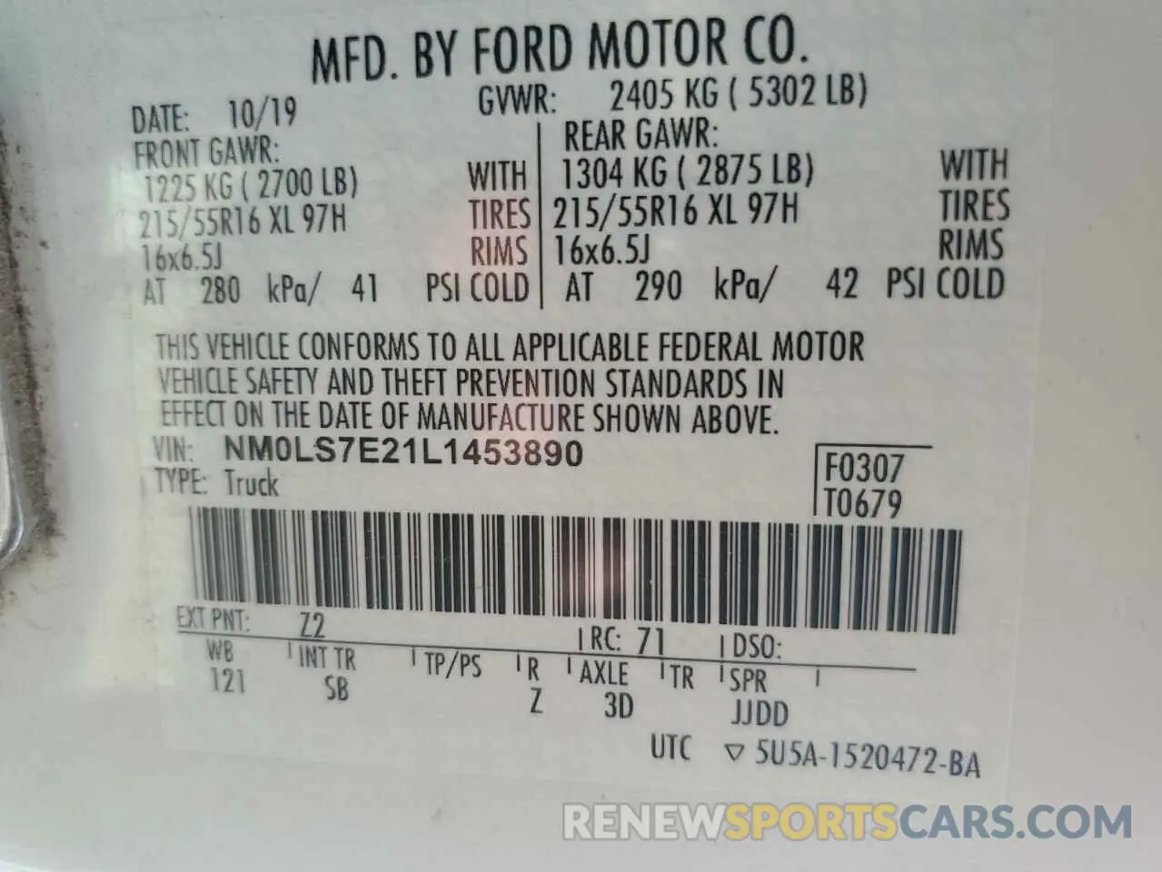 13 Photograph of a damaged car NM0LS7E21L1453890 FORD TRANSIT 2020
