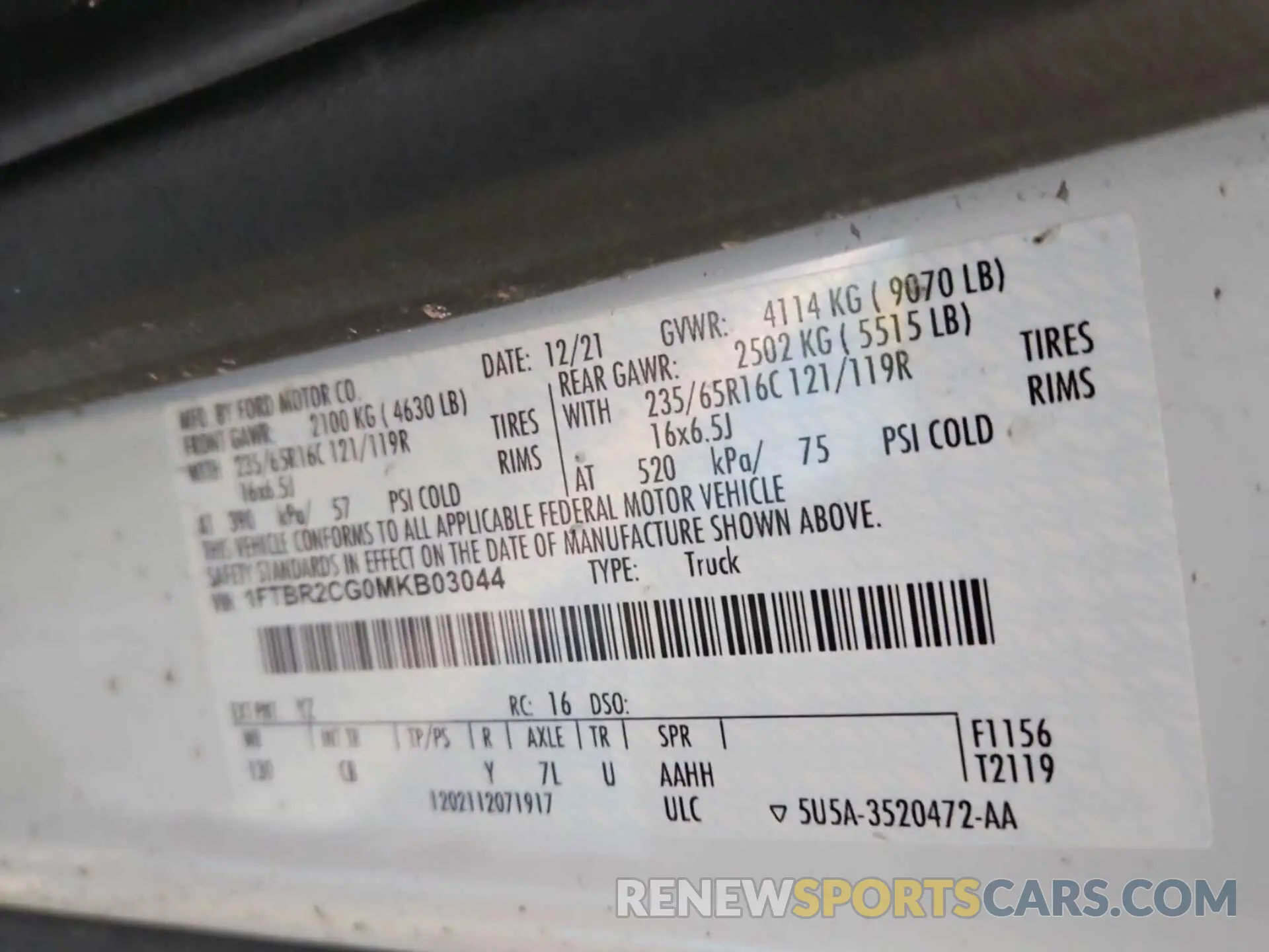 21 Photograph of a damaged car 1FTBR2CG0MKB03044 FORD TRANSIT 2021