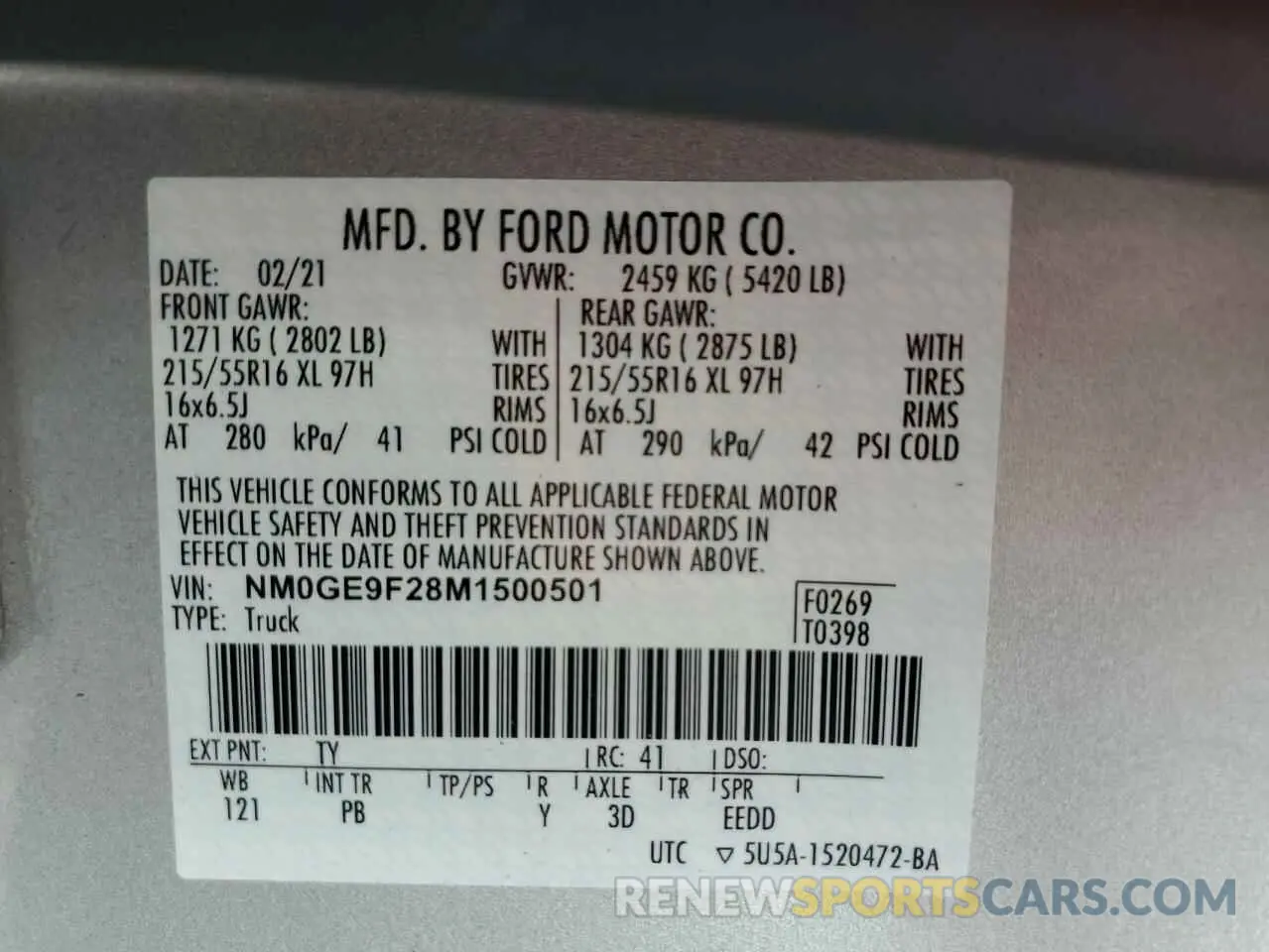 15 Photograph of a damaged car NM0GE9F28M1500501 FORD TRANSIT 2021