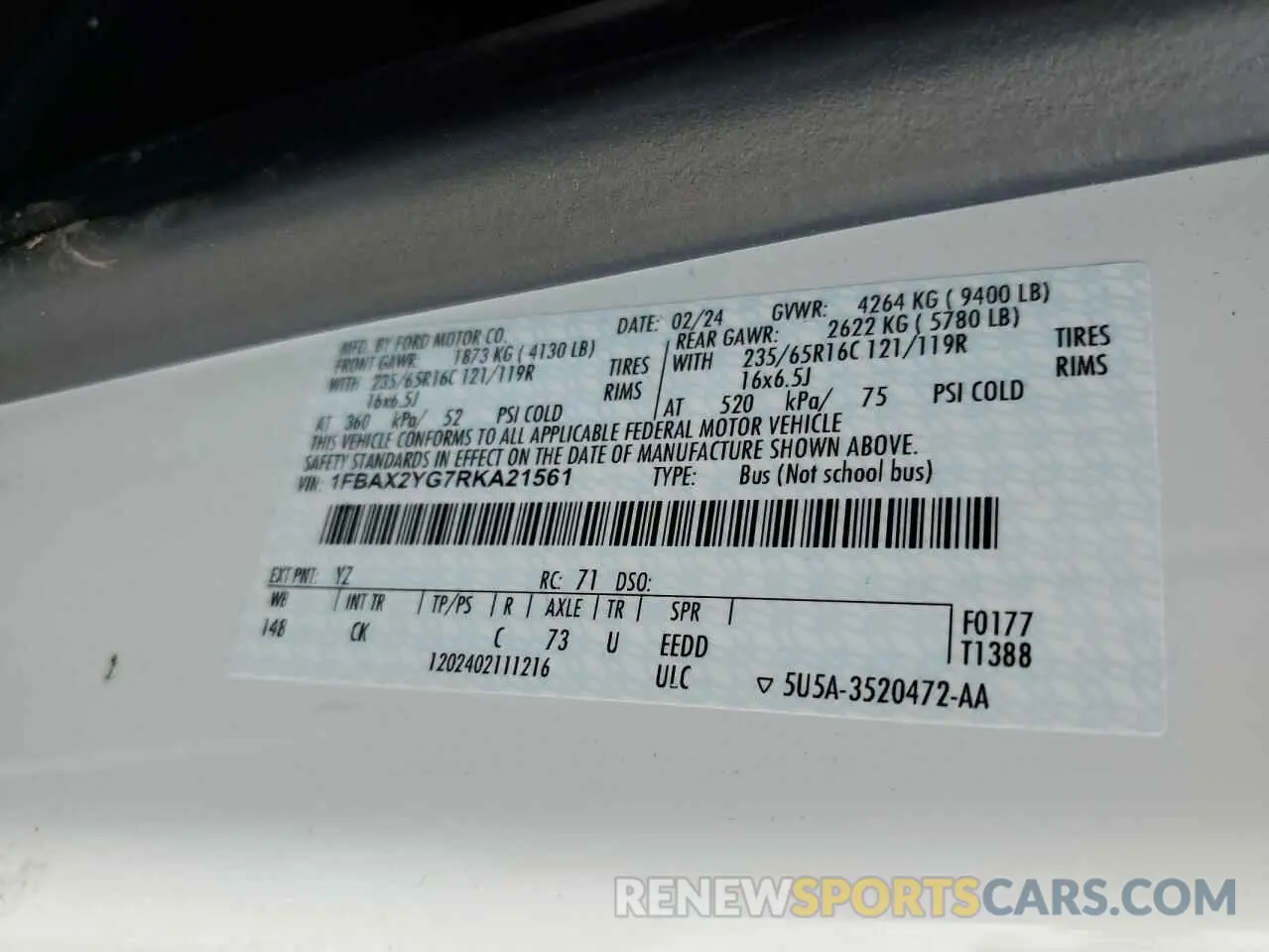 14 Photograph of a damaged car 1FBAX2YG7RKA21561 FORD TRANSIT 2024