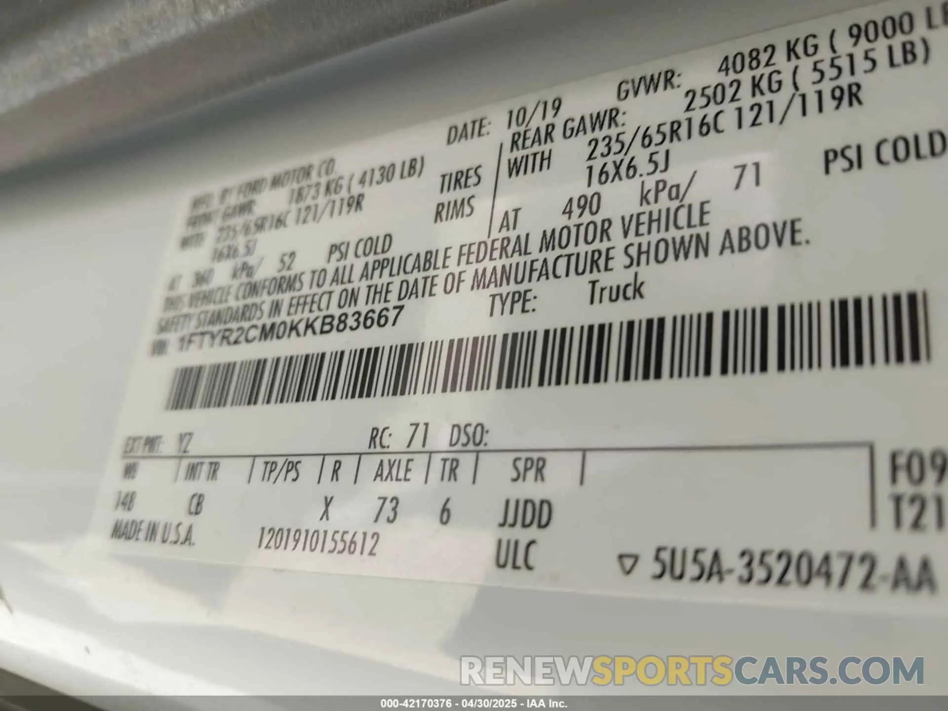 9 Photograph of a damaged car 1FTYR2CM0KKB83667 FORD TRANSIT-250 2019