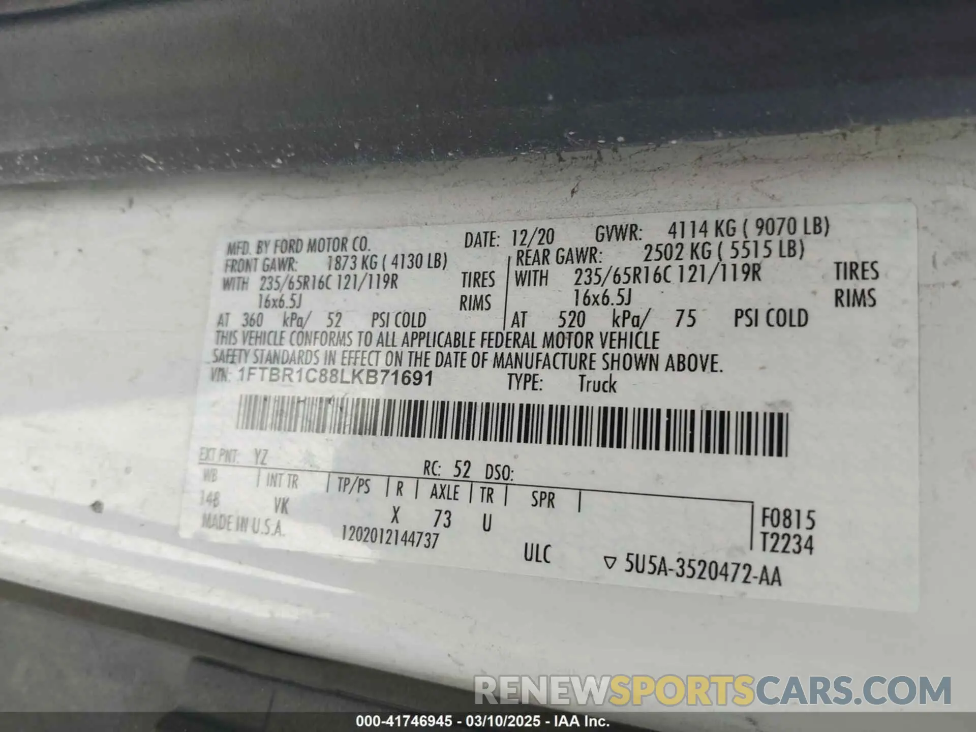 9 Photograph of a damaged car 1FTBR1C88LKB71691 FORD TRANSIT-250 2020