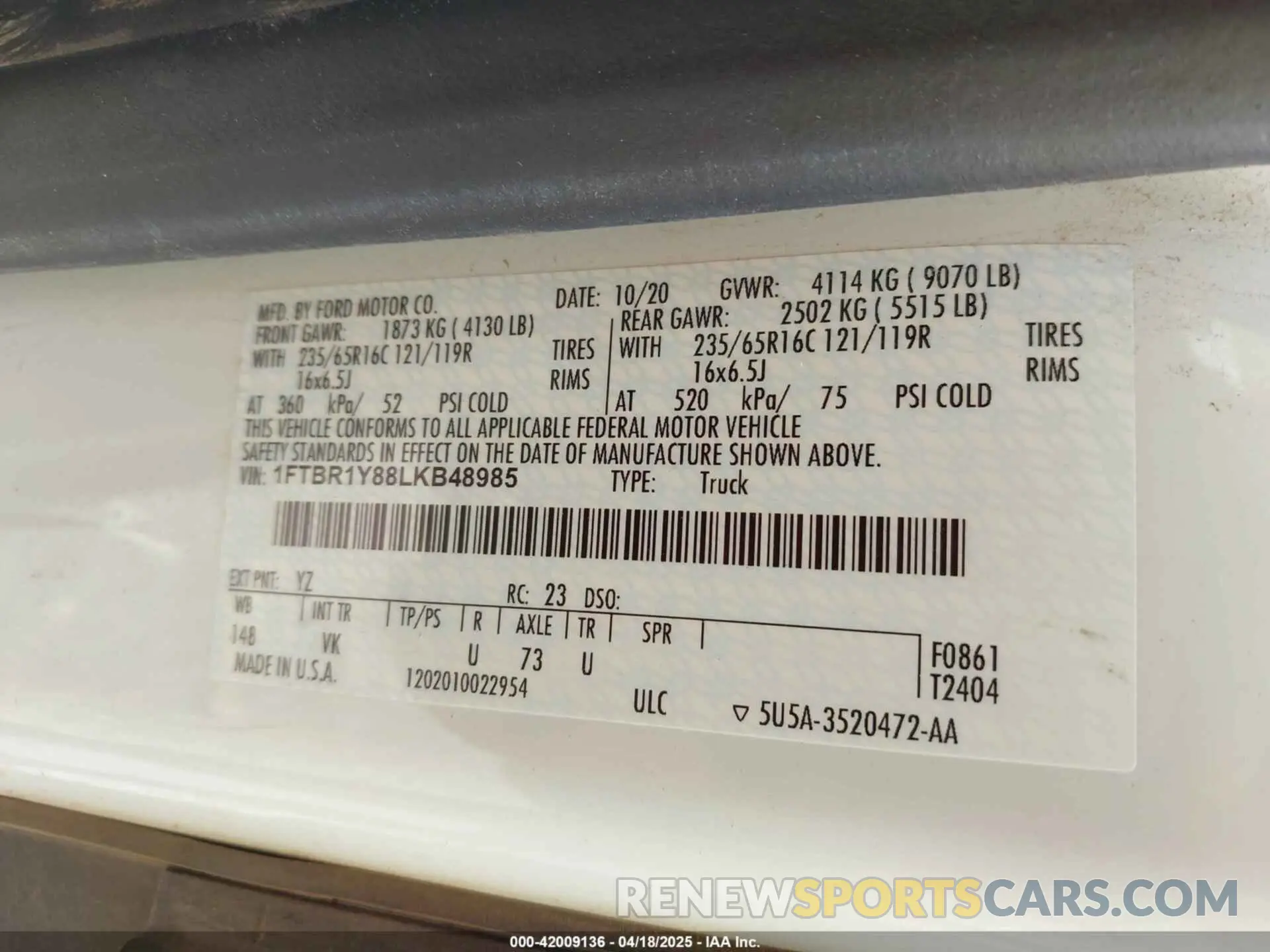 9 Photograph of a damaged car 1FTBR1Y88LKB48985 FORD TRANSIT-250 2020