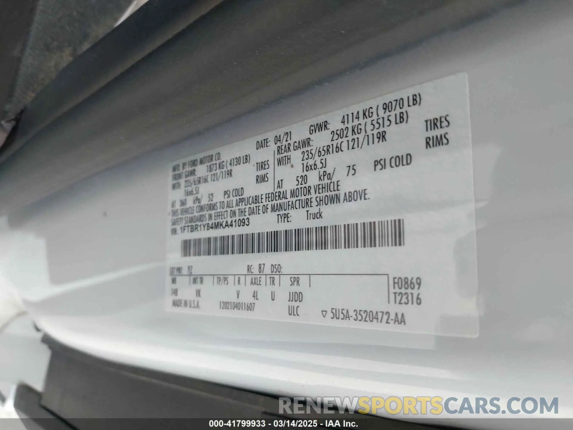9 Photograph of a damaged car 1FTBR1Y84MKA41093 FORD TRANSIT-250 2021