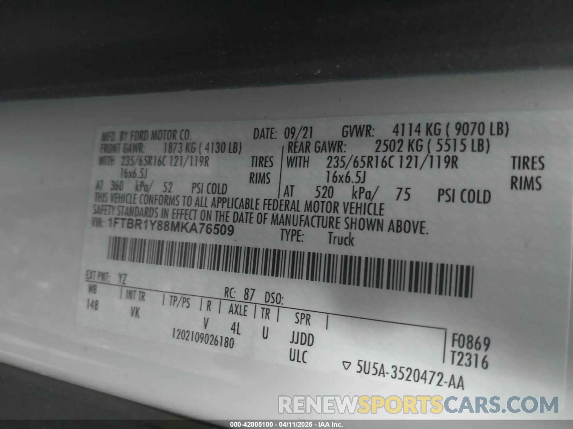 9 Photograph of a damaged car 1FTBR1Y88MKA76509 FORD TRANSIT-250 2021