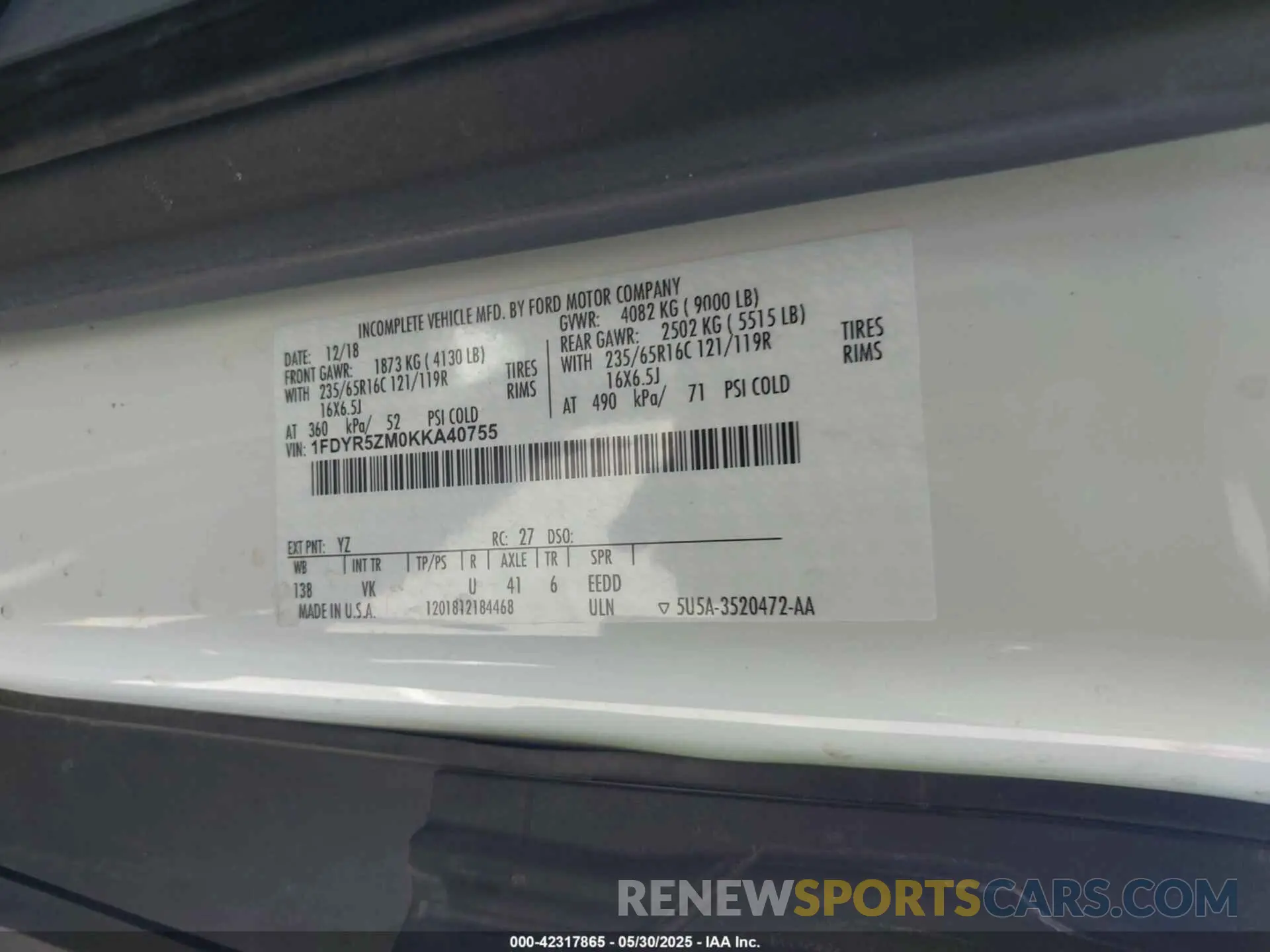 9 Photograph of a damaged car 1FDYR5ZM0KKA40755 FORD TRANSIT-250 CAB 2019